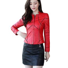 2020 Spring Autumn Women Faux Leather Jackets Zipper Basic Coat Motorcycle PU Leather Coats Red Black Biker Jacket Outerwear 599 L220728