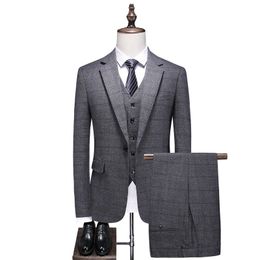 New men's suit autumn plaid solid Colour casual slim fit large size suit three-piece single row one button