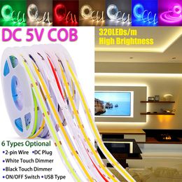 DC 5V LED COB 스트립 조명 USB 고밀도 320LEDS/M 고등 밝기 유연성 테이프 라이트 따뜻한 천연 흰색 빨간색 블루 녹색 분홍색