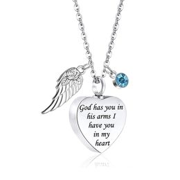 Cremation Urn Necklace Heart Ashes Necklace Carved Locket Stainless Steel Waterproof Memorial Pendant with Angel Wing Birthstone