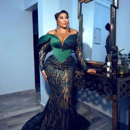 2023 Hunter Green Mermaid Evening Dress For African Women Sheer Neck Long Sleeves Sequined Lace Aso Ebi Prom Dress Plus Size Gown