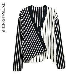 SHENGPALAE Spring Women Stripe Pullover Button Knitting Shirt Casual Female V-neck Long Sleeve Loose Thin Sweater HD483 201223
