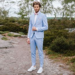 Light Sky Blue Men's Suit Notched Lapel Blazers Wedding Male Tuxedos Slim Fit Groom Wear 2 Pieces Set Prom Jacket And Pants