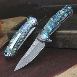 Special Offer R4020 Pocket Folding Knife VG10 Damascus Steel 76 layers Blade Blue Abalone shell Handle Ball Bearing Flipper Fast Open Knives