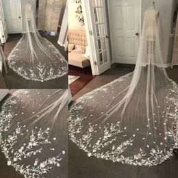 2022 Best Selling 3 Metres Cathedral Length Bridal Veils Wedding Hair Accessories White Ivory Long Lace Appliques Tulle 3 M Church Veil