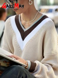 Winter Autumn Women's Sweater Striped Brown Knitted Sweater Oversize Warm Loose Jumper Thick Vintage V Neck Sweaters for Women 220815