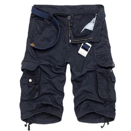 Summer Cotton Men Fashion Multi Pocket Solid Colour Causal Mens Loose Outdoor MID Cargo Shorts No Belt 220611