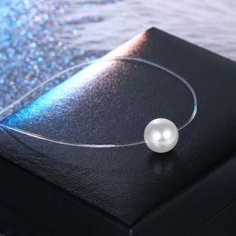 Fashion Transparent Fishing Line Simple Invisible Chain Women Necklace White Pearl Choker Necklace For Gift