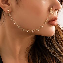 2022 Fashion Bohemia Punk Sexy Women's Fake Nose Piercing Nose Clip Small Ppearl Pendant Tassel Chain Earrings Party Jewellery