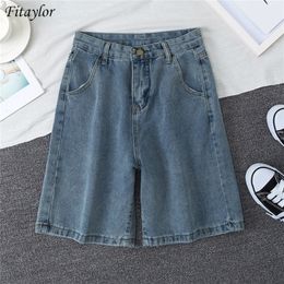 Fitaylor Summer Women High Waist Blue Wide Leg Denim Shorts Casual Female Solid Streetwear Stright Jeans Bermuda Shorts 220419