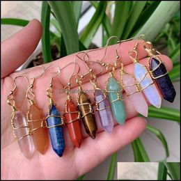 Charm Wire Wrap Natural Stone Charms Drop Earrings Hexagonal Amethysts Lapis Purple Quartz Pink Crystal Earring Chakra Baby Dhc2D