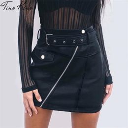 PU Leather A Line Skirt Women Belt Zipper High Waist Women's Mini Skirts Black Autumn Fashion Streetwear Bottoms Female 220401
