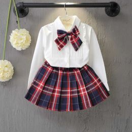 Style Autumn&Spring New School Fashion Baby Girls Dress Set White Shirt Top With Plaid Knot Tie Plaid Mini Skirt 3 Pcs Sets 3 7T