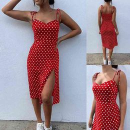 Women Sexy Small Spaghetti Strap Lace Up Polka Dot Split Hem Backless Summer Streetwear Dress Girls Small Size Dress For Women L220705