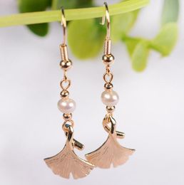 14k Gold plated ginkgo leaf Ear hook Dangle & Chandelier natural Freshwater pearl Earrings white Lady/girl Fashion Jewellery