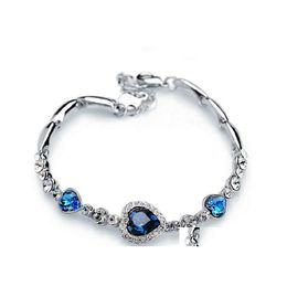 Charm Bracelets Ocean Blue Sliver Plated Crystal Rhinestone Heart Bracelet Bangle Gift Jewellery Hjewelry Drop Delivery Dhth6