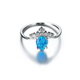 Wedding Rings White Zircon Small Stone Crown Ring Blue Opal Water Drop Engagement Charm Silver Colour For Women Boho JewelryWedding