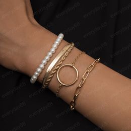 Boho Flat Chain Hollow Cross Bracelet Combination Women Gold Metal Imitation Pearl Beaded Bracelets Girls Jewelry Gift
