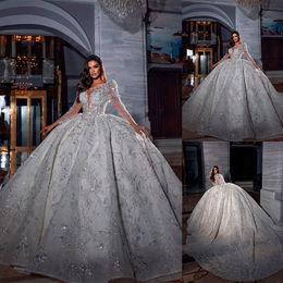 Glitter Cap Sleeves Wedding Dresses Sheer Neck Bridal Gowns Jewel Crystals Long Train Sequined Robe de mariée Custom Made