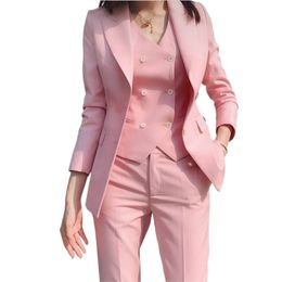 Bankett Hochzeit Damen Business Einfarbig Anzüge Hosen Weste Frau Rosa Drei-stück Set Blazer Jacke Hosen Weste F028 600