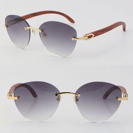 New Original Wooden Sunglasses Metal Rimless Woman Design Butterfly Lens Oversized Large Round Luxury Wood Sun glasses Man Frame and Box Siz:60-18-140MM