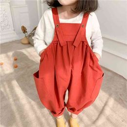 Spring Korean style fashion retro oversized overalls Girls side big pocket casual suspender trousers 210708