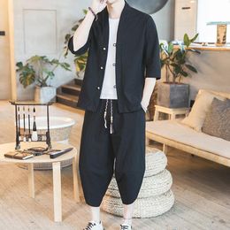 Men's Tracksuits Spring And Summer Chinese Men's Cotton Linen Suit Five Sleeve Jacket Seven Point Trousers Tang Leisure Fashion SuitMen'