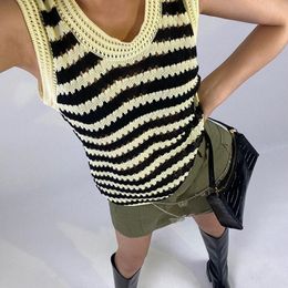 Women's Tanks & Camis Women Knitted Tank Tops Summer Fall Round Neck Sleeveless Vintage Stripes Pattern Hollow Out Vests Female Fashion Stre