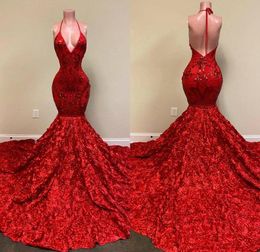 Sexy Backless Red Evening Dresses Halter Deep V Neck Lace Appliques Mermaid Prom Dress Rose Ruffles train Special Occasion Party Gowns