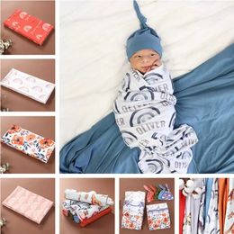 Newborn Baby Swaddle Blanket Bow Headband Or Hat 2 pcs Sleeping Bags Flower Rainbow Print Wrap INS Toddler Cartoon Sleep Sacks Shark Photography Prop 24 Styles