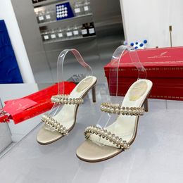 Rene Caovilla Stiletto Gem-embellished Strap Slide Sandals Rhinestones Heels Glitter Sole Mules Slip-on Shoes Women High Heeled Luxury