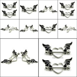 Nipple Rings Body Jewellery Heart-Shaped Wings Ring Stainless Steel Black White Angel Wing Drop Delivery 2021 9Jtcx