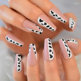 False Nails Pink And White Coffin Press On Nail High Quality Artificial Tips French Medium Matte Fake With Black Spots Prud22
