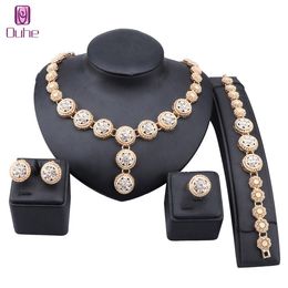 Fashion Bridal Dubai Wedding Jewellery Set Gold Colour Women Crystal Dinner Dress Necklace Bangle Earrings Ring Party Jewellry Sets