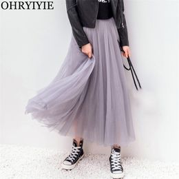 OHRYIYIE Autumn Winter Vintage Tulle Skirt Women Elastic High Waist Mesh s Long Pleated Tutu Female Jupe Longue 220317