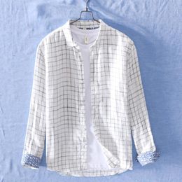 Men's Casual Shirts Style Plaid Shirt Men Brand Pure Linen White For Fashion Comfortable Tops Chemise Camisas De HombreMen's