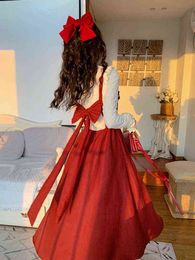 2022 Spring Vintage Lolita Dress Party Evening Women Casual Fairy Red Midi Strap Dress Y2k Female Japanese Style Kawaill Clothes G220414