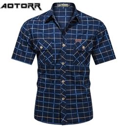 Fashion Mens Plaid Shirt Short Sleeve Bomber Military s 100% Pure Cotton High Quality Business Casual Lapel Men 220401
