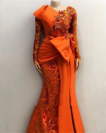 2022 Orange Mermaid Prom Dresses African Arabic Aso Ebi Long Sleeve 3D Floral Lace Pleated Big Bow Evening Engagement Gown