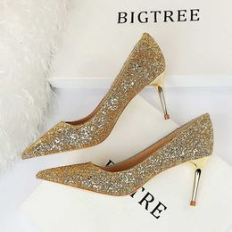 TopSelling fashion Style Sexy nightclub show Classic luxury shoes women's thin heel high heels shining Sequin single shoes for girl