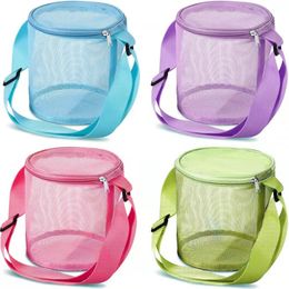 Cylindrical Mesh Tote Shell Bag, Large Capacity Sand Toys Storage Bags Adjustable Carrying Straps and Zippered Summer Beach Bag for Boys Girls