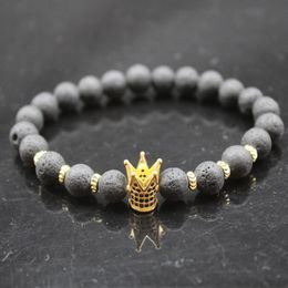 Gold P Black Crown Ball Beaded Bracelet 8mm Natural Stone Lava CZ Zircon Beads Bangle Stretch Charm Yoga For Women Men Jewellery