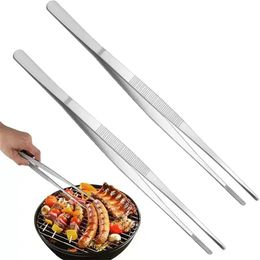 UPS 30cm Toothed Tweezers Barbecue Stainless Steel Long Food Tongs Straight Home Tweezers Garden Kitchen BBQ Tool