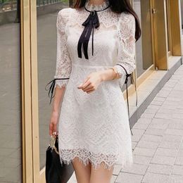 Casual Dresses Korean Fashion Elegant Bow Mini For Women 2022 Sexy White Black Lace Dress Spring Autumn ClothesCasual