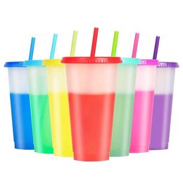 7PCS Reusable Colour Changing Cups 7pcs Cold Drinks Travel Tumbler with Lid Straw Party 220509