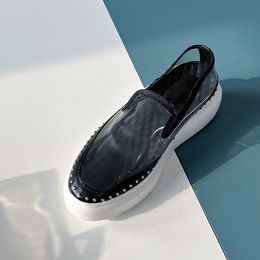 Transparent Casual Shoes Handmade Mens Loafers Slip on Thick heel Cow Leather Rivets Men Driving Boats