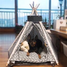 Pet Teepee Dog Cat Bed White Canvas Cute House Portable Washable Tents for Puppy with Cushion LJ201028