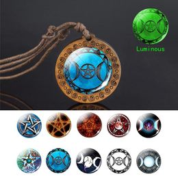 Pendant Necklaces Luminous Triple Moon Necklace Wiccan Jewelry Pentacle Pentagram Glass Wooden Rope Chain Glow In DarkPendant