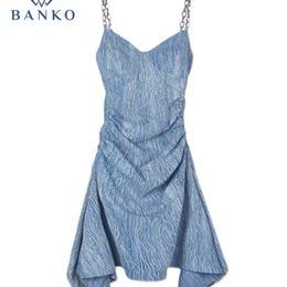 Summer Women Fashion Sexy Halter Dress Evening Pleated Sleeveless Blue Tie-Dye Plus Party Midi Skirt Design Aesthetic W220421
