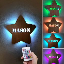 Personalised Star LED Night Light Custom Name Wood Neon Sign Wall Lamp for Children Kids Birthday Party Gifts Home Bedroom Decor 220623